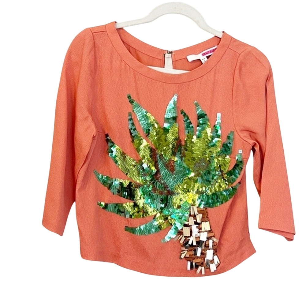 Tracy Reese Silk Blend Sequin Palm Tree Top Coral Pink 3/4 Sleeve Size S